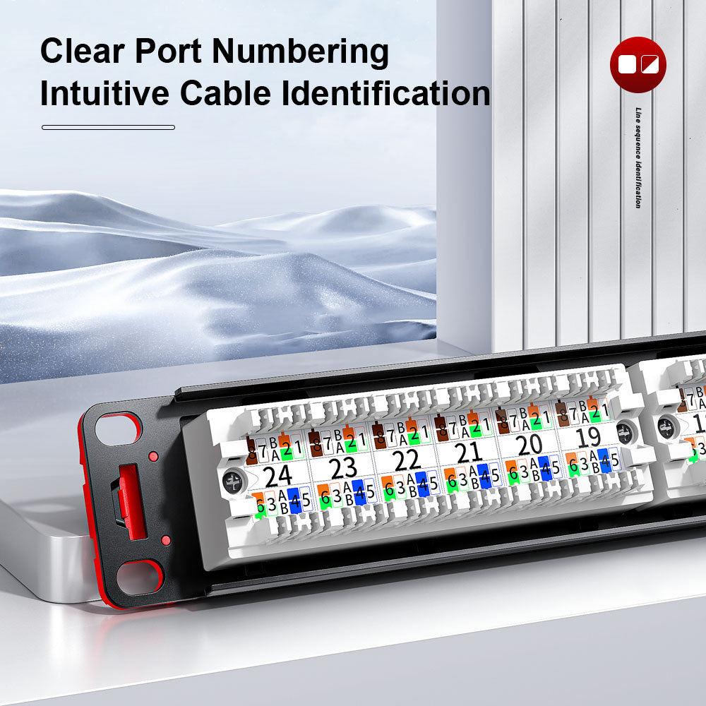 AMPCOM 一体式 Cat5e/6/6a/7/8 系列 24 口配线架,前拆式面板设计,19 英寸 RJ45 以太网 568A 568B,镀金插针,带后部电缆支撑杆