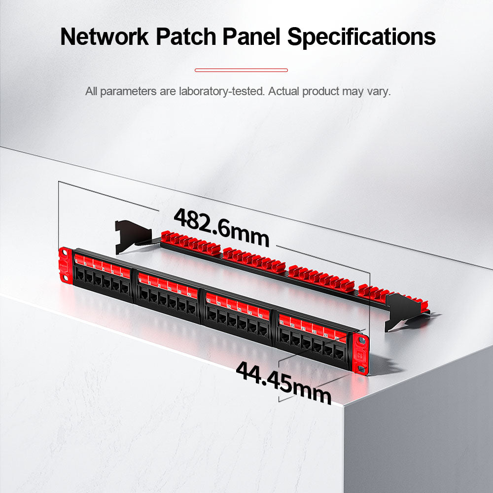 AMPCOM 一体式 Cat5e/6/6a/7/8 系列 24 口配线架,前拆式面板设计,19 英寸 RJ45 以太网 568A 568B,镀金插针,带后部电缆支撑杆