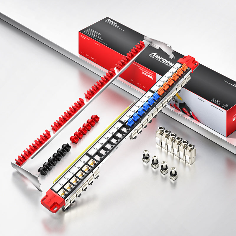 AMPCOM 一体式 Cat5e/6/6a/7/8 系列 24 口配线架,前拆式面板设计,19 英寸 RJ45 以太网 568A 568B,镀金插针,带后部电缆支撑杆