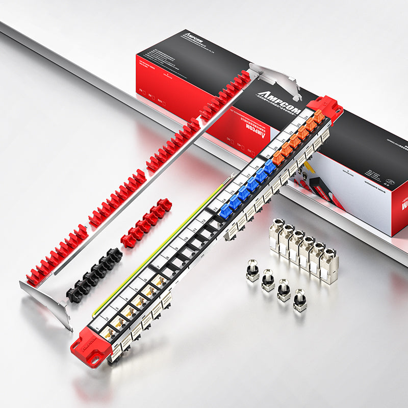 AMPCOM 一体式 Cat5e/6/6a/7/8 系列 24 口配线架,前拆式面板设计,19 英寸 RJ45 以太网 568A 568B,镀金插针,带后部电缆支撑杆