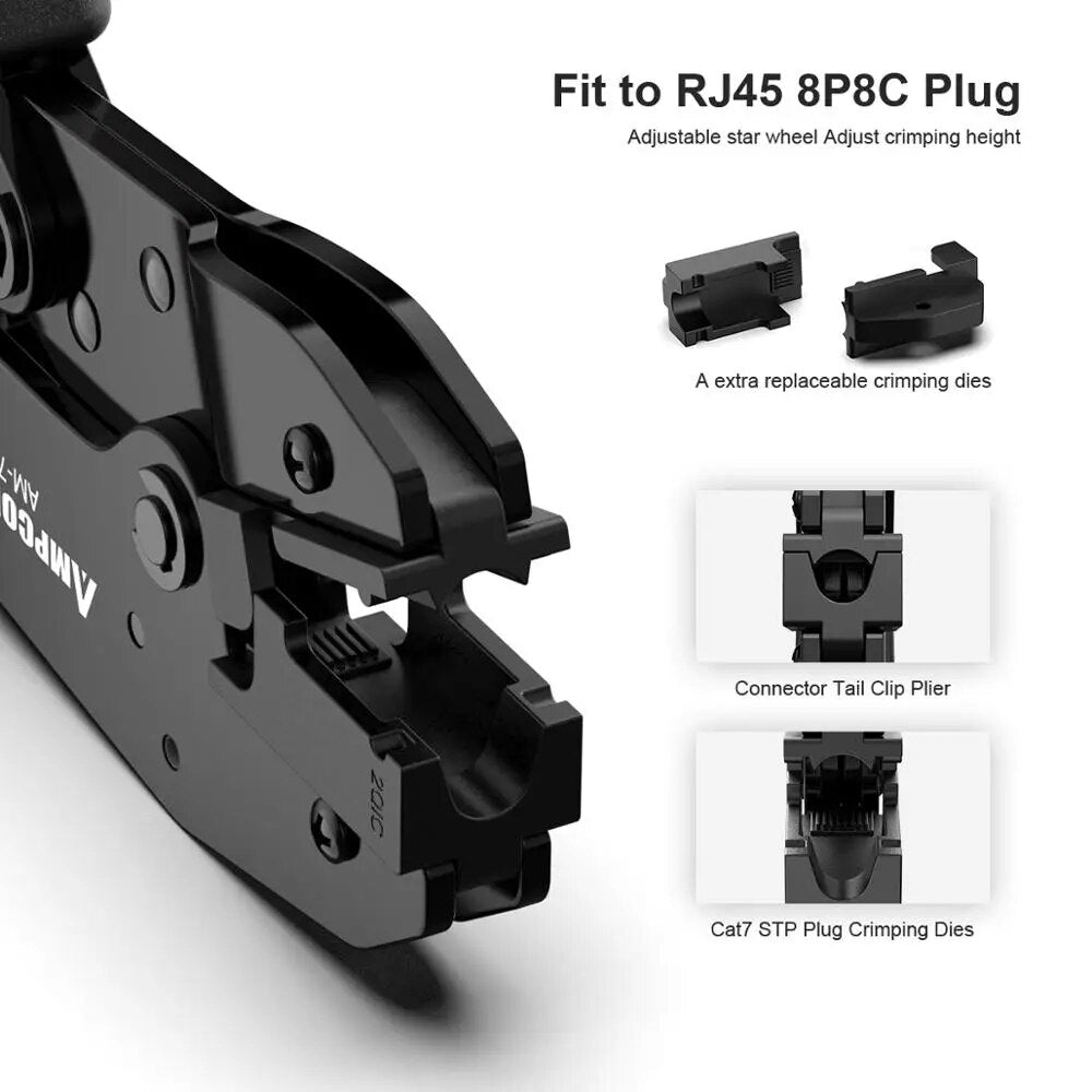 AM-788 一步式 RJ45 棘轮压接器网络工具,适用于 Cat6A、Cat7 屏蔽连接器,带 2 个可更换压接模具