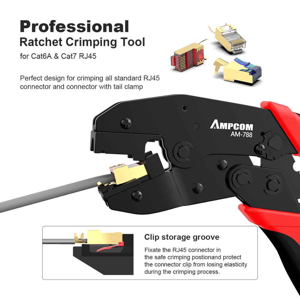 AM-788 一步式 RJ45 棘轮压接器网络工具,适用于 Cat6A、Cat7 屏蔽连接器,带 2 个可更换压接模具