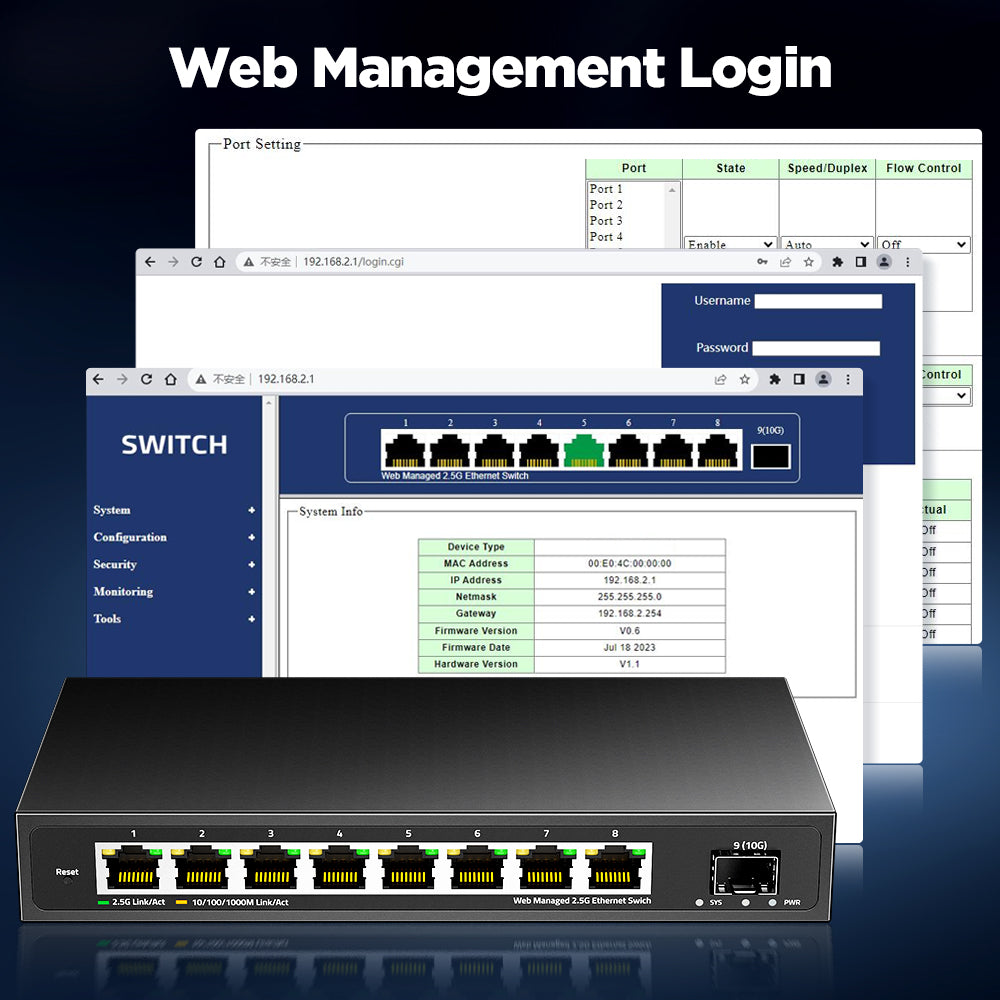 AMPCOM 2.5GbE 管理型交换机 8 端口 2.5GBASE-T 网络交换机 10G SFP+ 插槽上行链路 Web 管理 QOS VLAN LACP 无风扇
