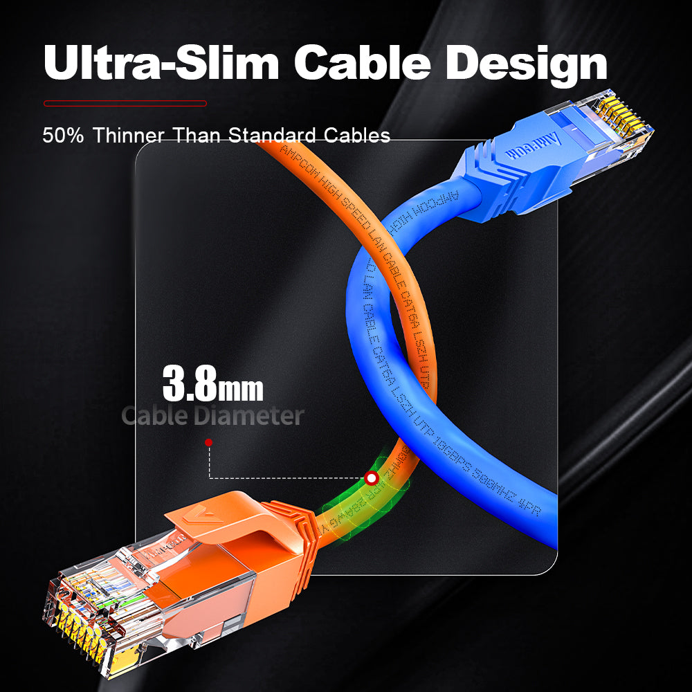 AMPCOM Cat6a 28AWG UTP 跳线，超薄，LSZH，适用于结构化布线和监控系统布线