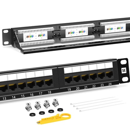 AMPCOM Premium 系列 CAT5/CAT5e/CAT6 24 端口配线架，机架安装 - 1U，19 英寸，RJ45 以太网 568A 568B，15u 镀金，带后部电缆支撑杆