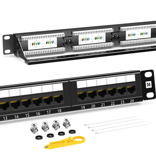 AMPCOM Premium 系列 CAT5/CAT5e/CAT6 24 端口配线架，机架安装 - 1U，19 英寸，RJ45 以太网 568A 568B，15u 镀金，带后部电缆支撑杆