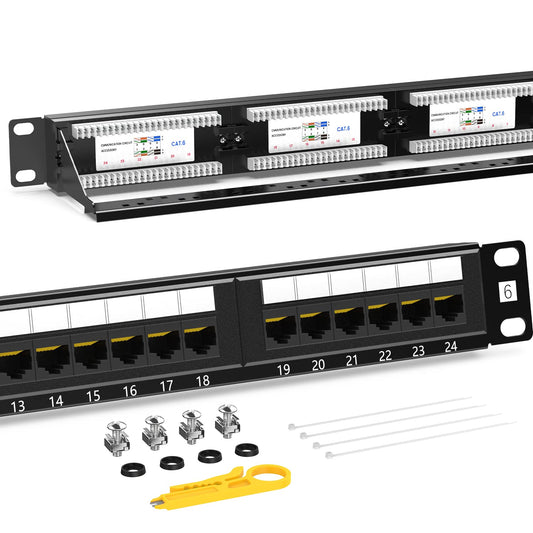 AMPCOM Premium 系列 CAT5/CAT5e/CAT6 24 端口配线架，机架安装 - 1U，19 英寸，RJ45 以太网 568A 568B，15u 镀金，带后部电缆支撑杆