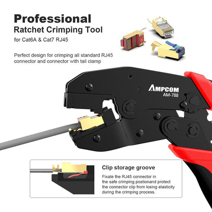 AM-788 一步式 RJ45 棘轮压接器网络工具，适用于 Cat6A、Cat7 屏蔽连接器，带 2 个可更换压接模具